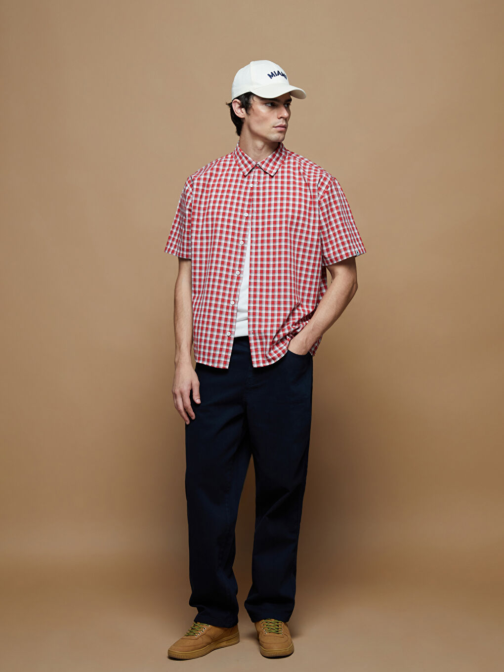 Kırmızı Rahat Kalıp Kısa Kollu Ekose Poplin Erkek Gömlek-1