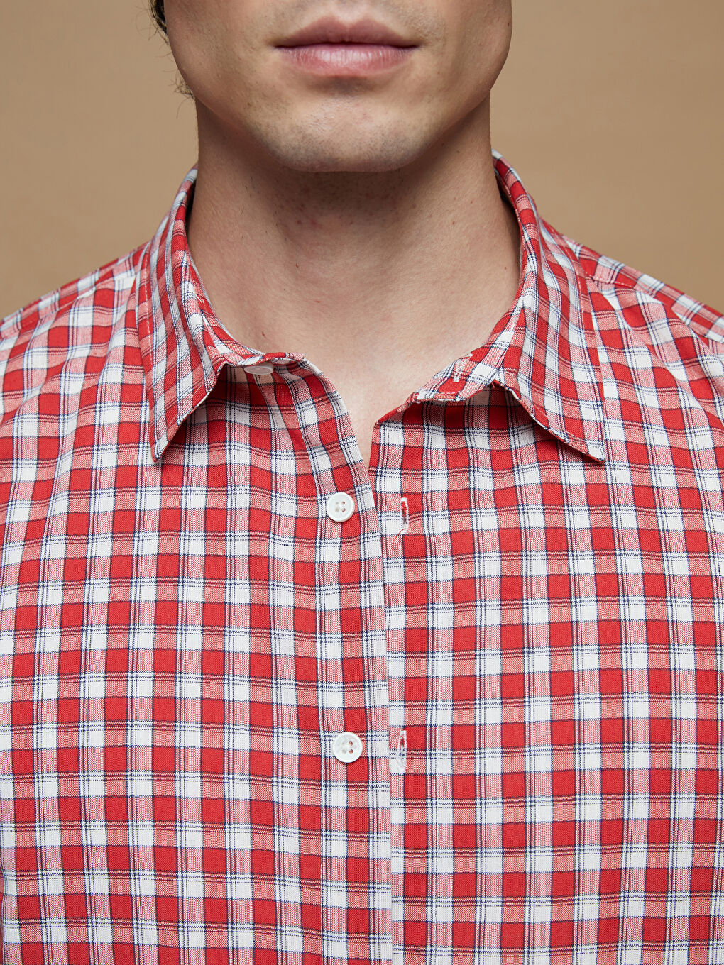 Kırmızı Rahat Kalıp Kısa Kollu Ekose Poplin Erkek Gömlek-2