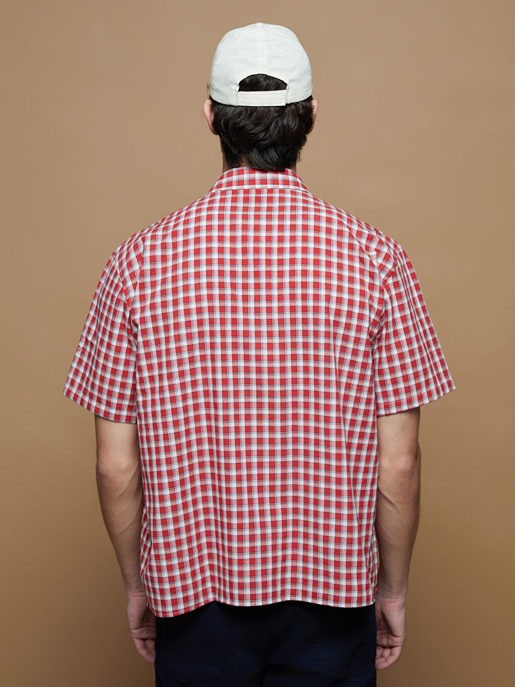 Kırmızı Rahat Kalıp Kısa Kollu Ekose Poplin Erkek Gömlek-3