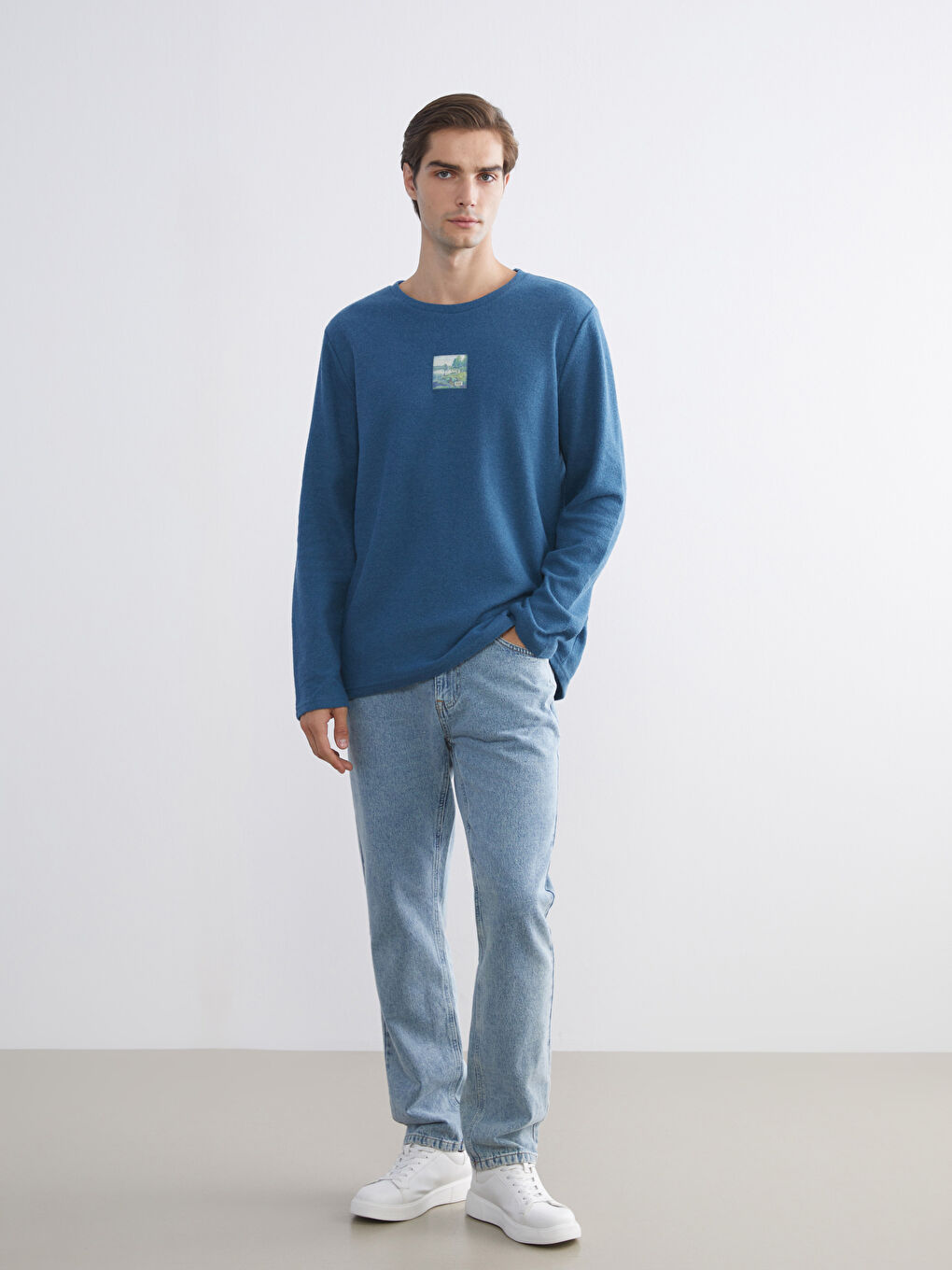 Lacivert Bisiklet Yaka Uzun Kollu Baskılı Erkek Tişört-1