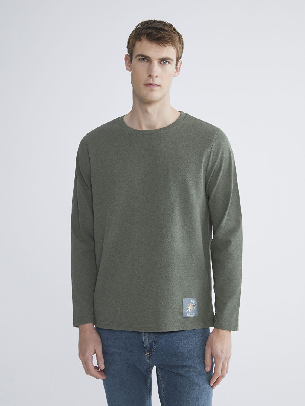 Haki Bisiklet Yaka Uzun Kollu Baskılı Erkek Tişört
