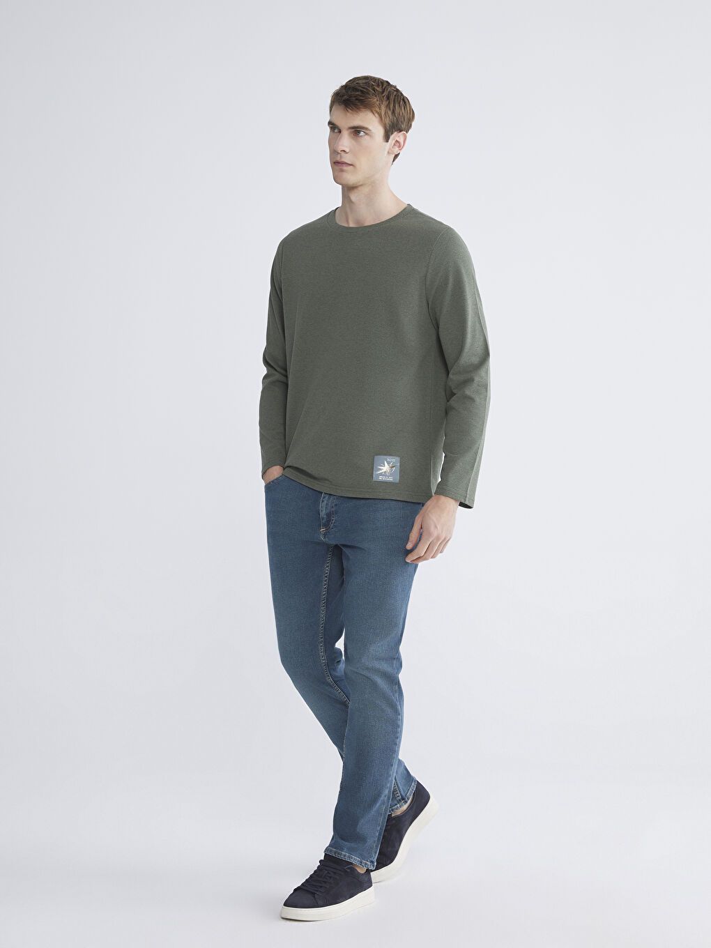 Haki Bisiklet Yaka Uzun Kollu Baskılı Erkek Tişört-1