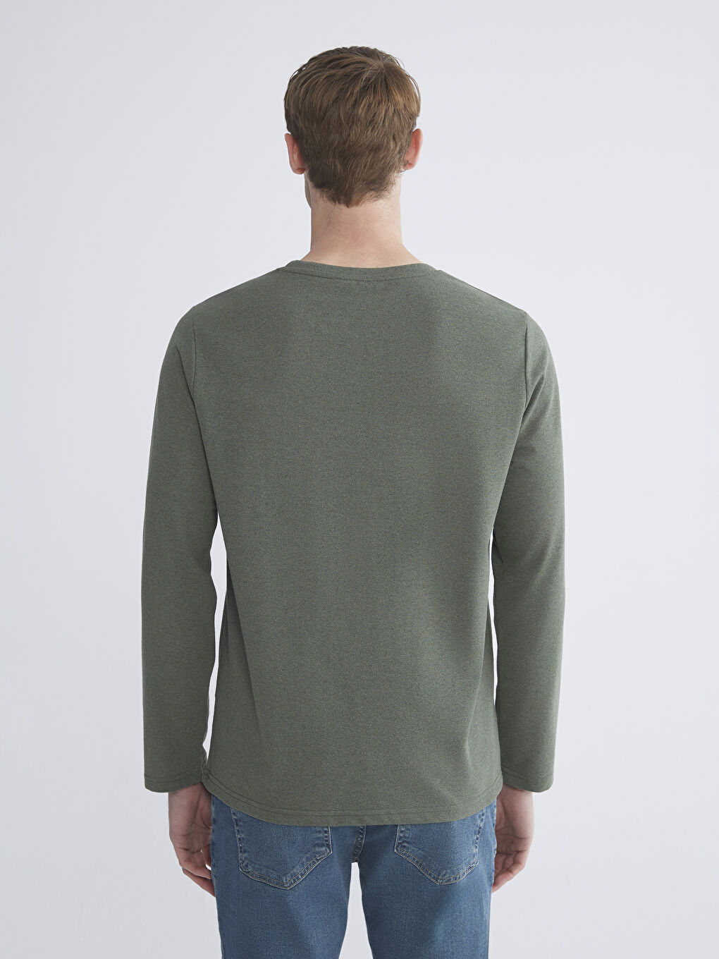 Haki Bisiklet Yaka Uzun Kollu Baskılı Erkek Tişört-3