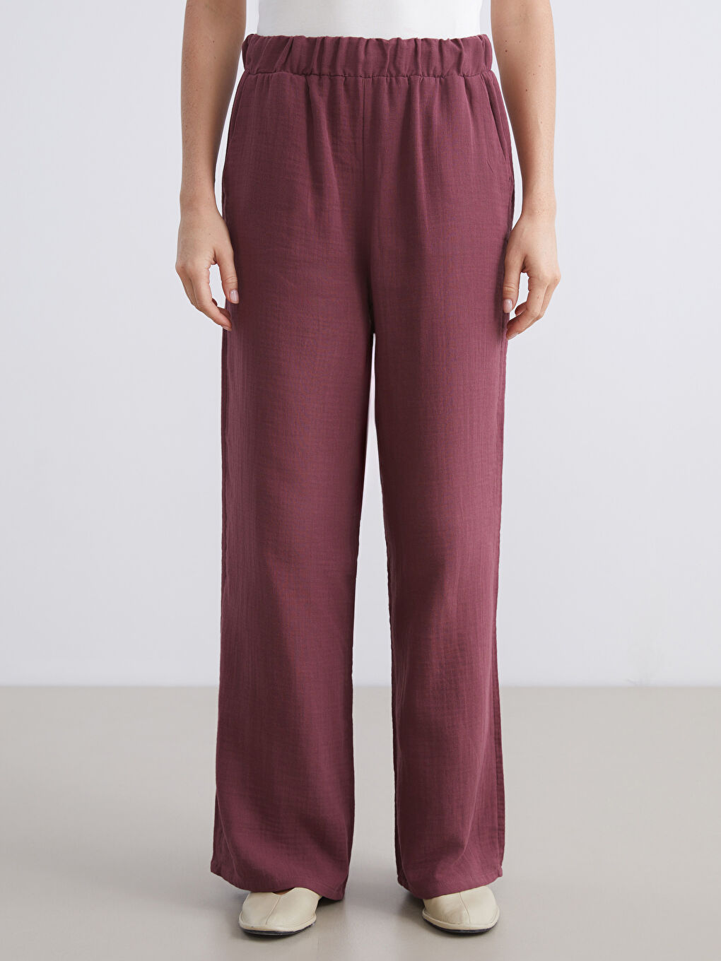 Pantalon en Mousseline Texturée à Taille Élastiquée pour Femmes-2