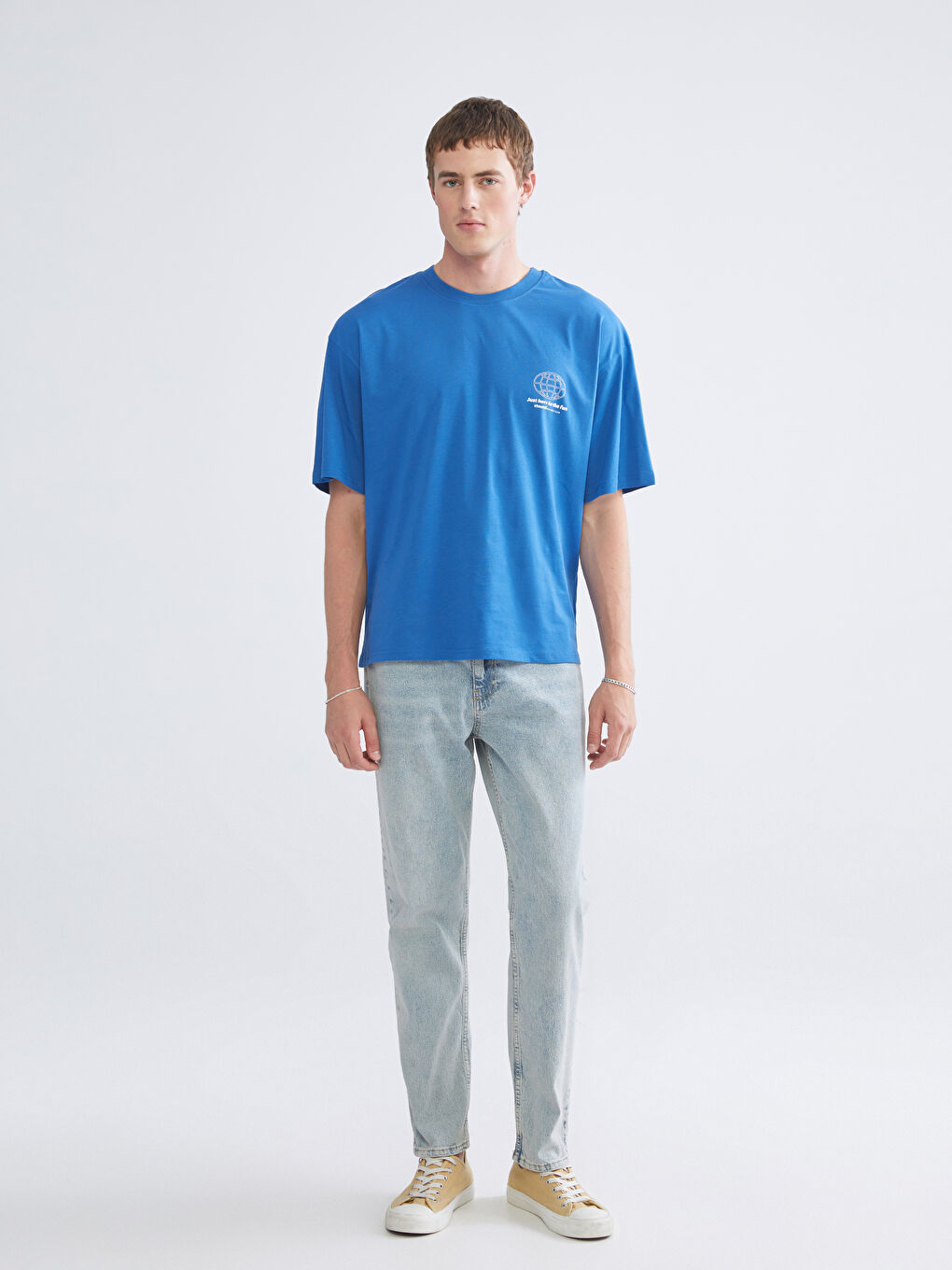 Mavi Bisiklet Yaka Baskılı Penye Erkek Tişört-1