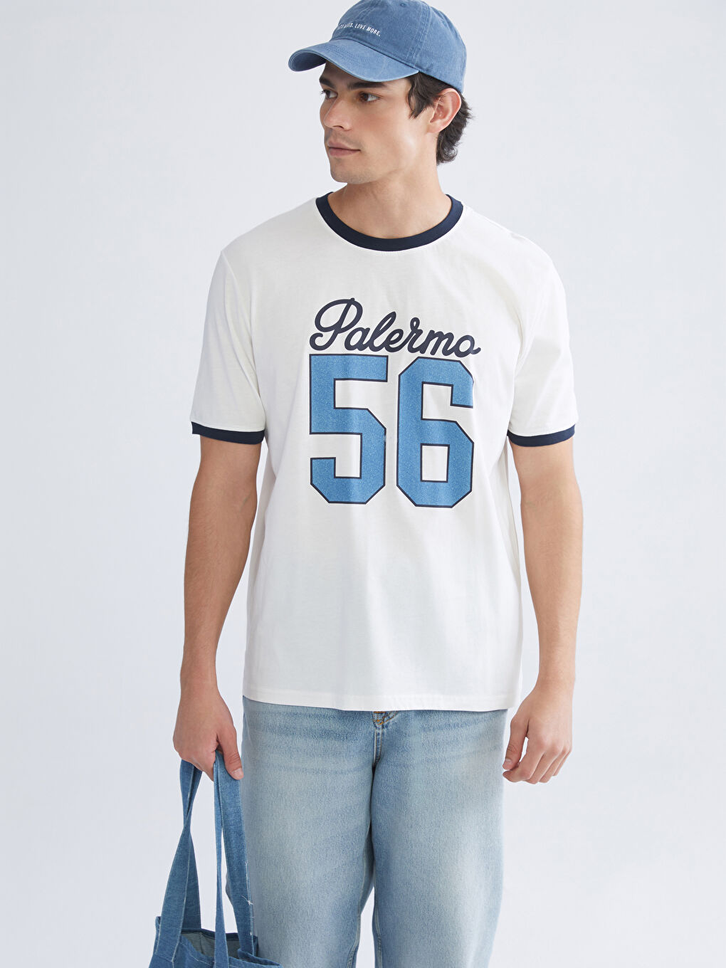 Ekru Bisiklet Yaka Baskılı Penye Erkek Tişört