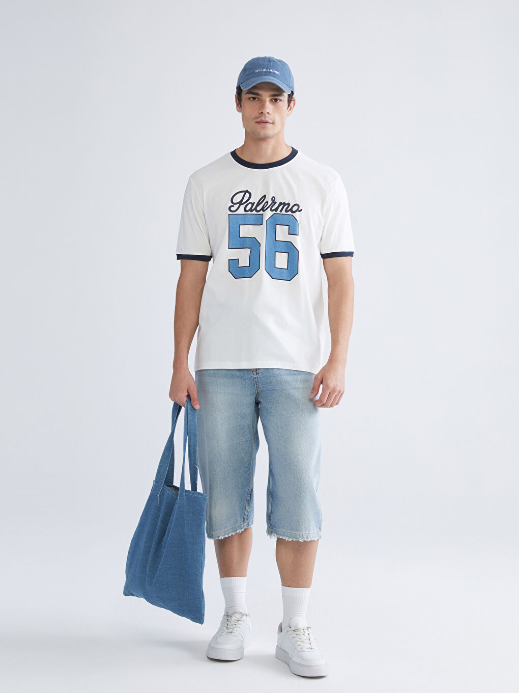 Ekru Bisiklet Yaka Baskılı Penye Erkek Tişört-1