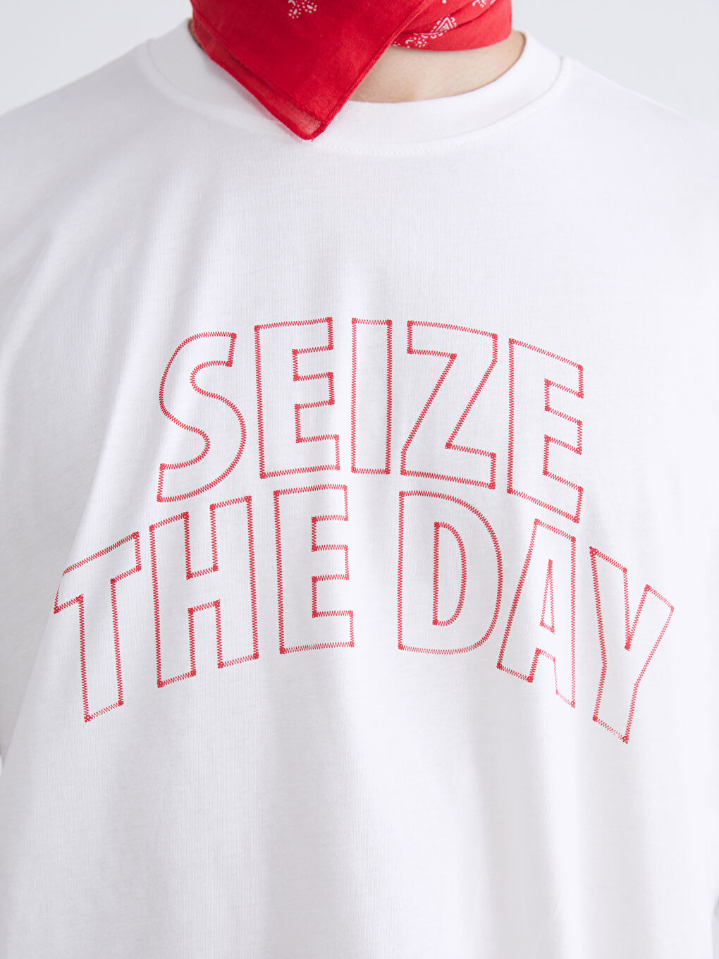 Ekru Bisiklet Yaka Baskılı Penye Erkek Tişört-2