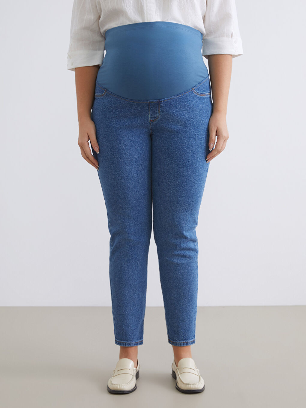 İndigo Karın Panelli Slim Mom Hamile Jean Pantolon-5