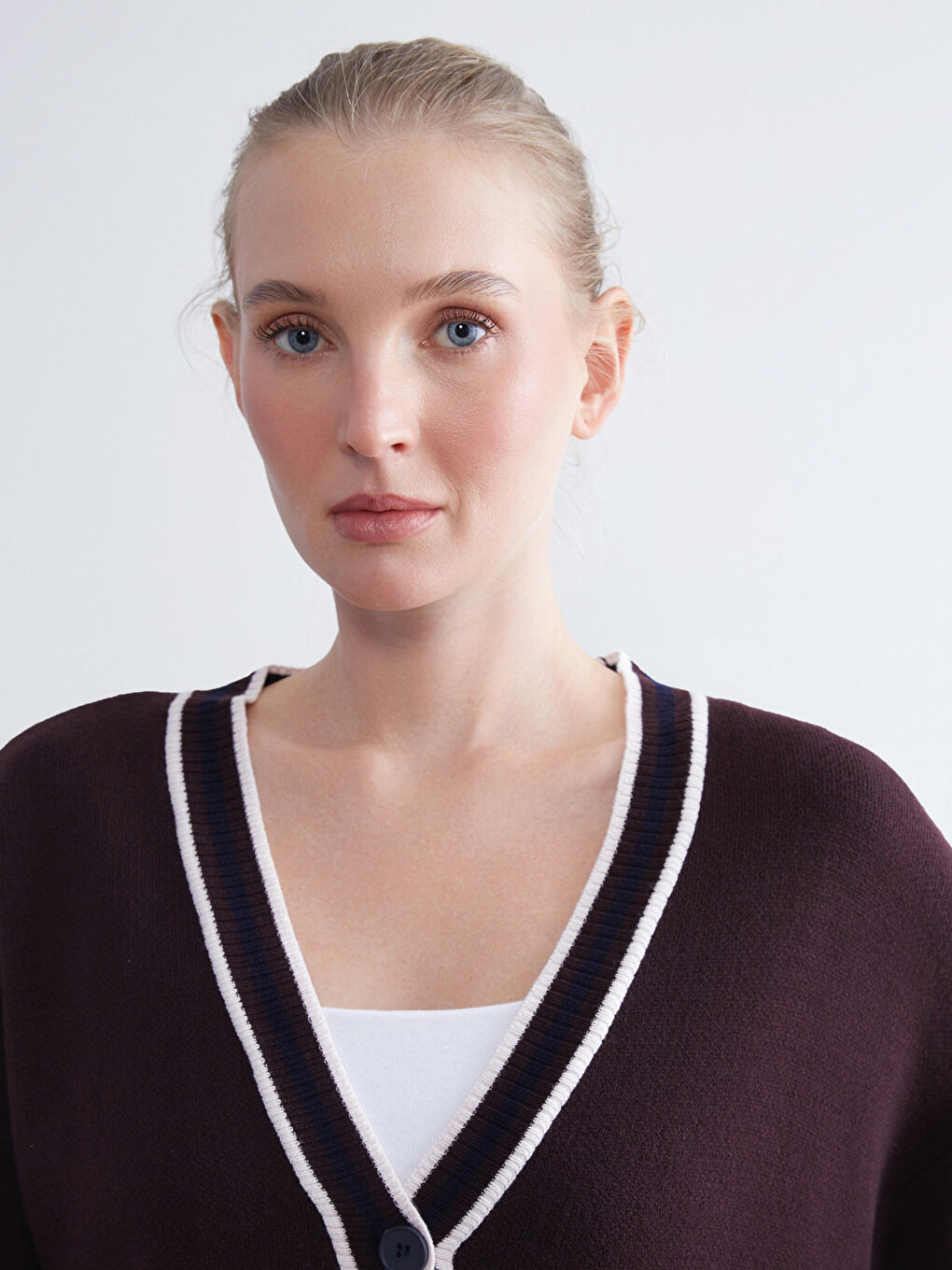 Bordo V Yaka Çizgili Oversize Kadın Triko Hırka-2