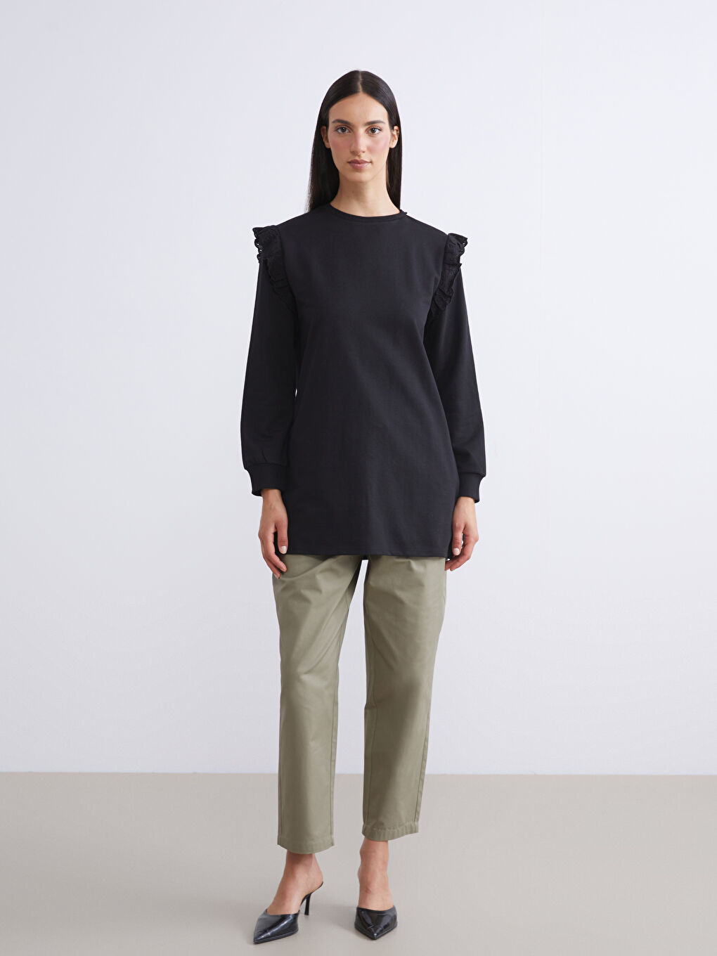 Ženska dukserica tunika sa okruglim izrezom i naborima-1