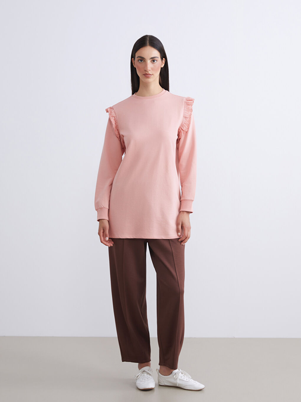 Pembe Bisiklet Yaka Kadın Sweatshirt Tunik-1