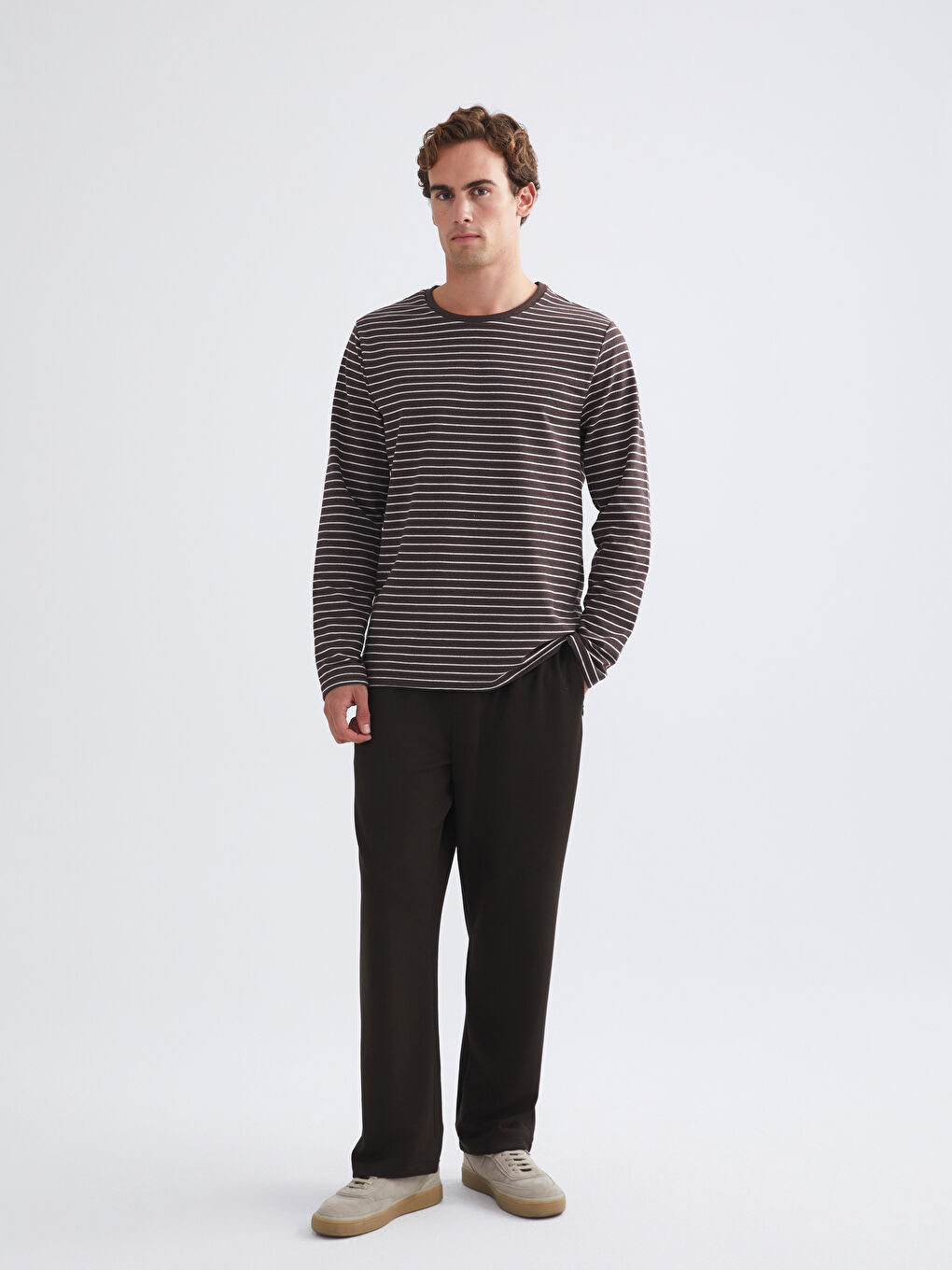 Kahverengi Bisiklet Yaka Uzun Kollu Çizgili Erkek Tişört-1