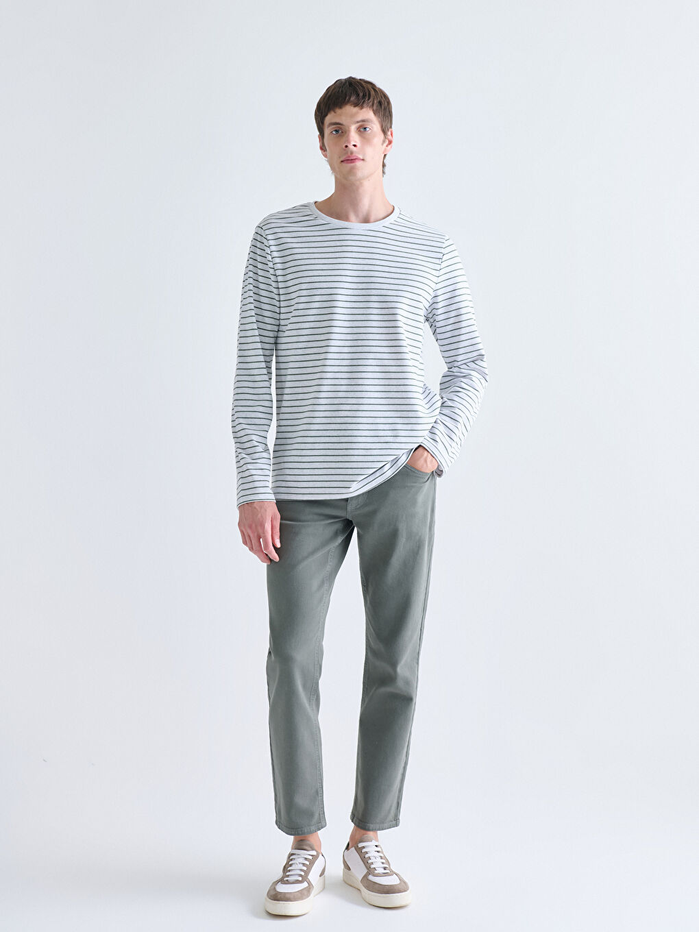 Yeşil Bisiklet Yaka Uzun Kollu Çizgili Erkek Tişört-1