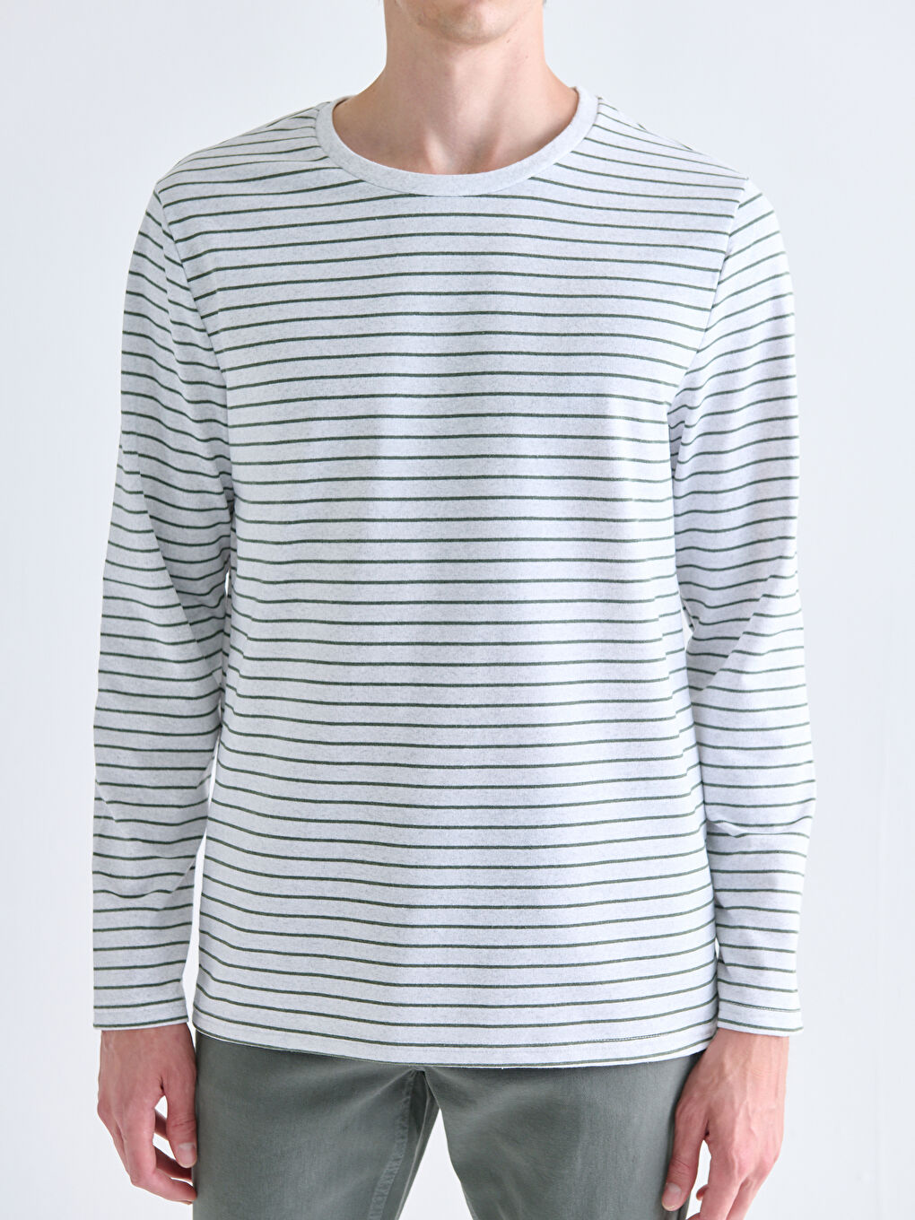 Yeşil Bisiklet Yaka Uzun Kollu Çizgili Erkek Tişört-2