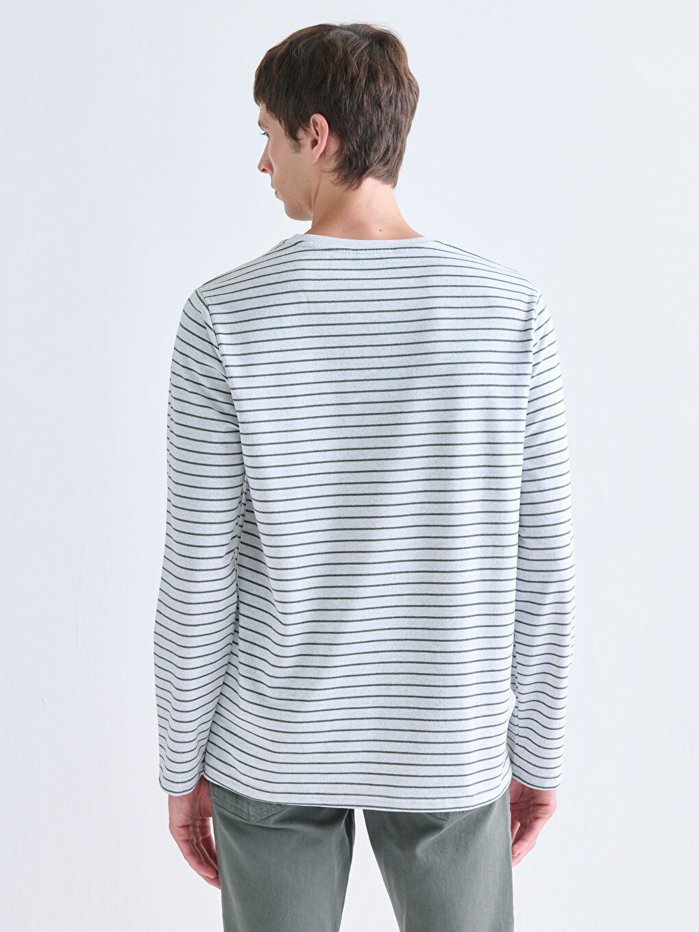 Yeşil Bisiklet Yaka Uzun Kollu Çizgili Erkek Tişört-3