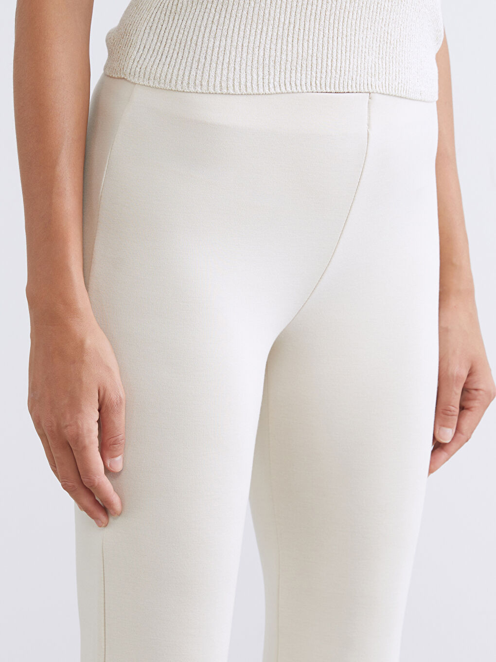 Bej Beli Lastikli Kadın Tayt Pantolon-2