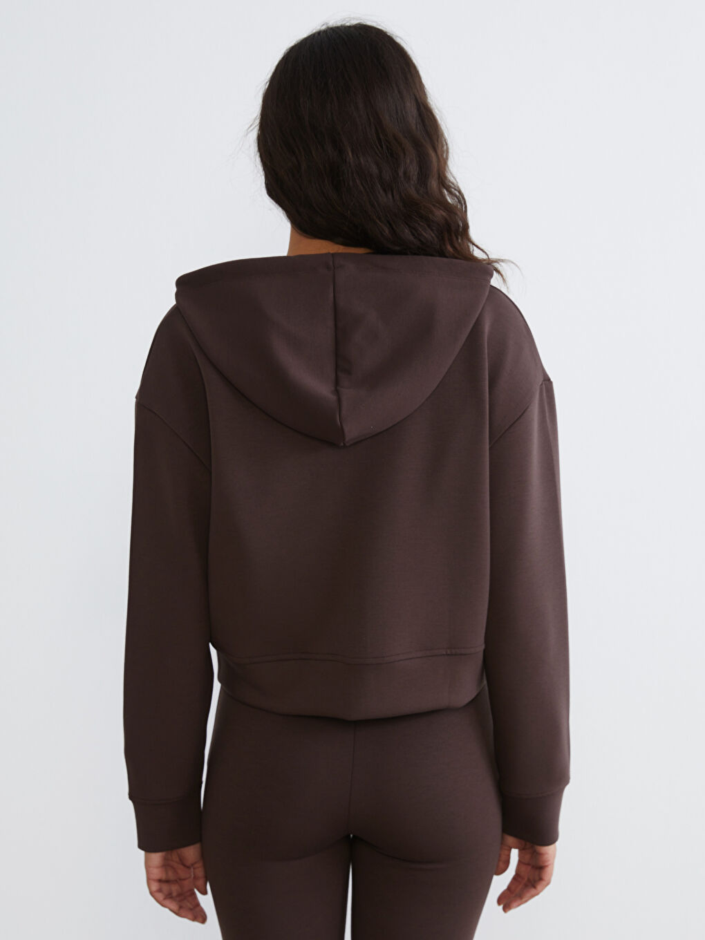 Kahverengi Kapüşonlu Kadın Fermuarlı Sweatshirt-3