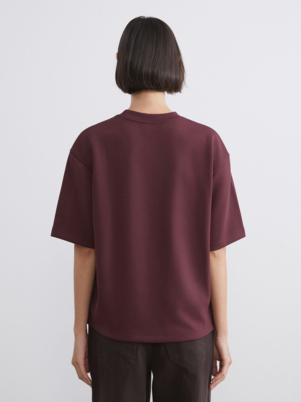 Bordo Bisiklet Yaka Kadın Tişört-3