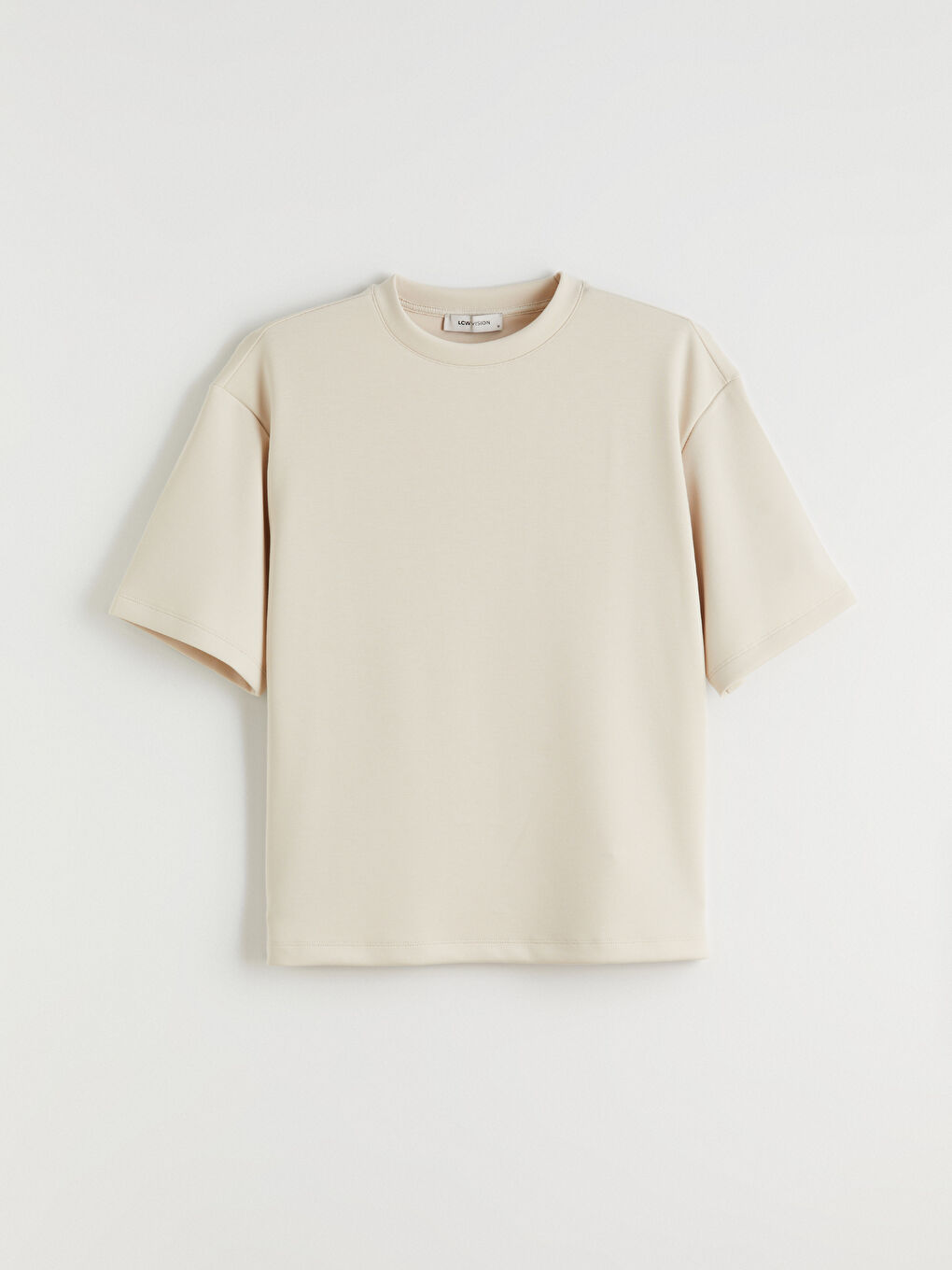 Bej Bisiklet Yaka Kadın Tişört-4