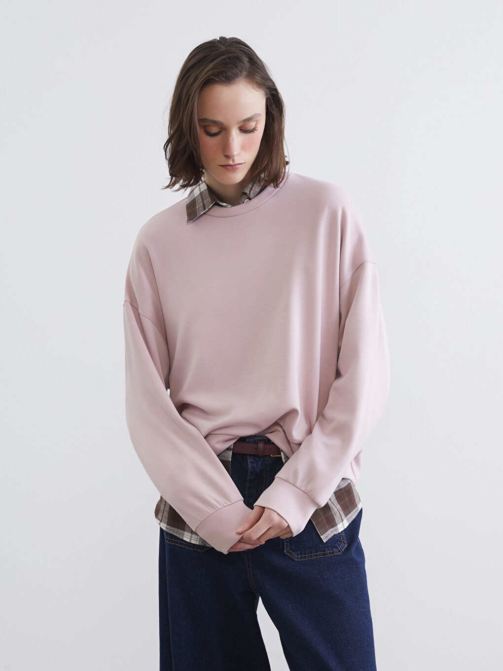 Pembe Bisiklet Yaka Oversize Kadın Sweatshirt