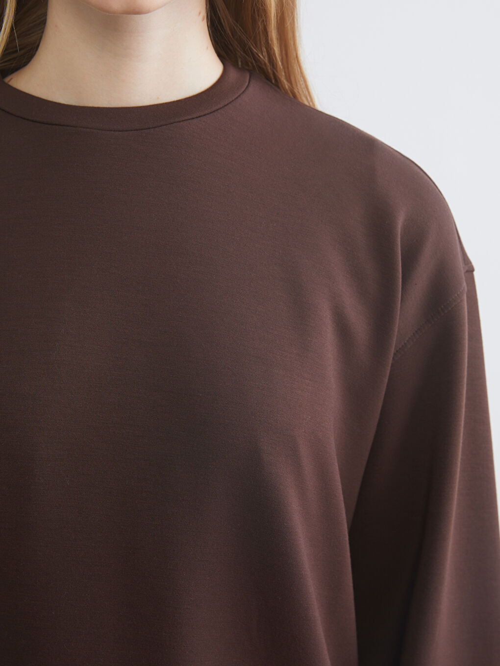 Kahverengi Bisiklet Yaka Oversize Kadın Sweatshirt-2