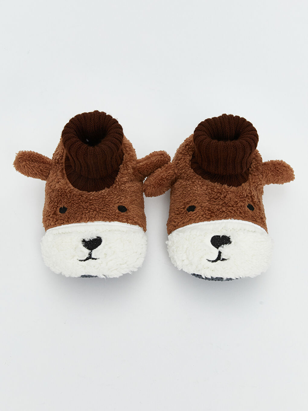 Kahverengi Hayvan Nakışlı Pelüş Erkek Bebek Ev Botu Panduf-2