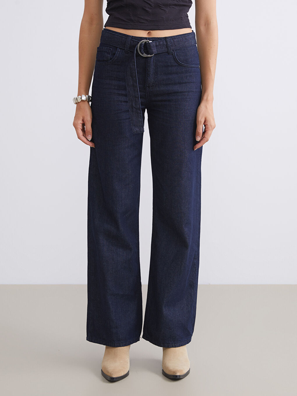 İndigo Beli Kemerli Wideleg Kadın Jean Pantolon-1