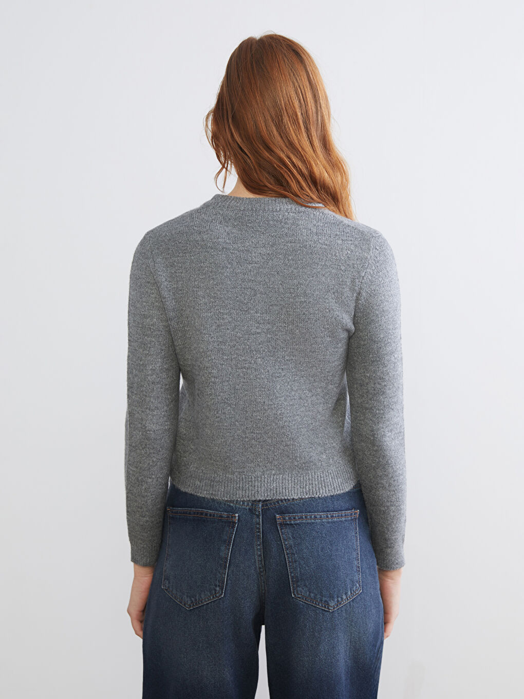 Gri Bisiklet Yaka Kadın Triko Hırka-3