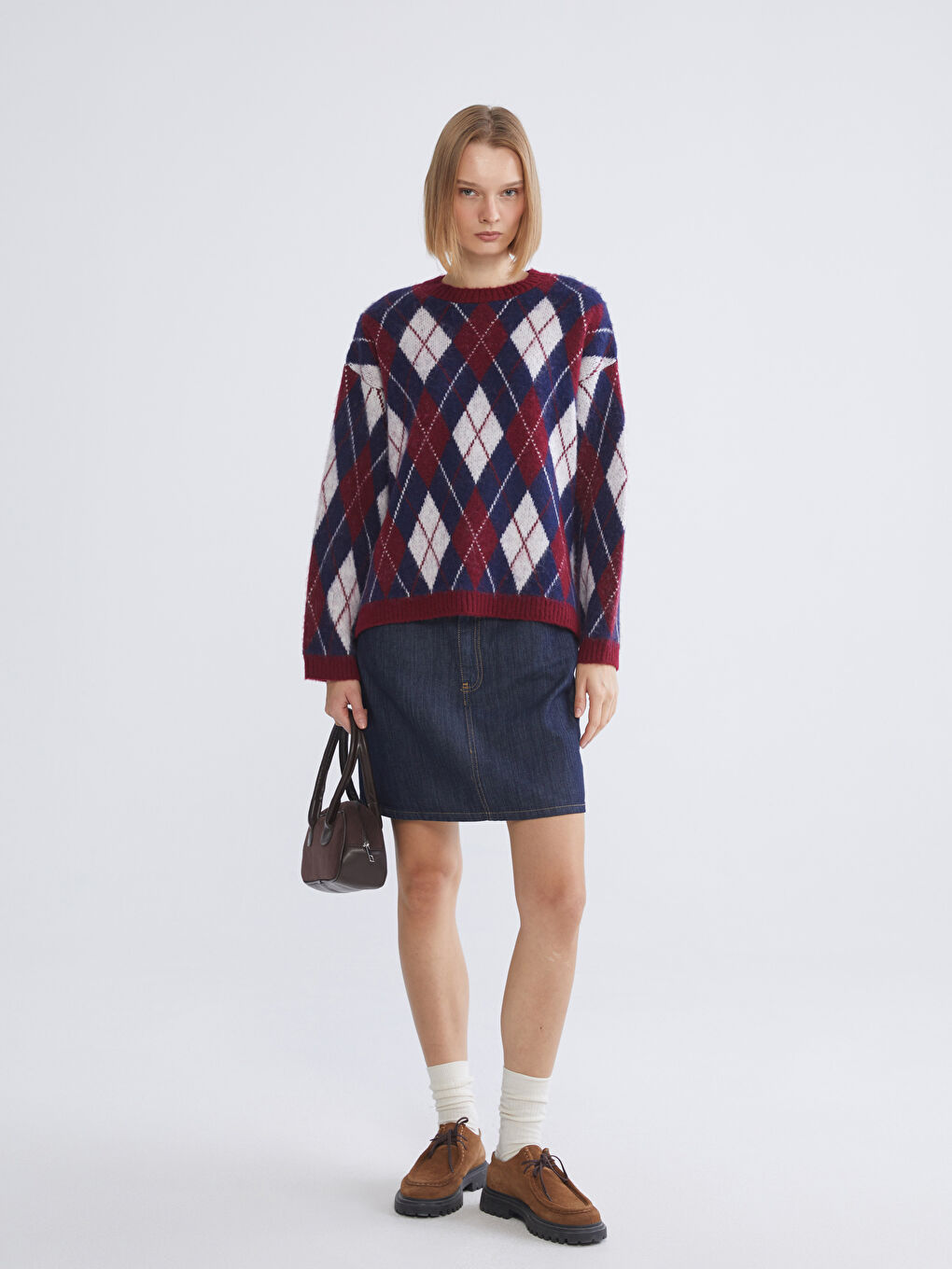 Bordo Baklava Desenli Oversize Kadın Triko Kazak-1