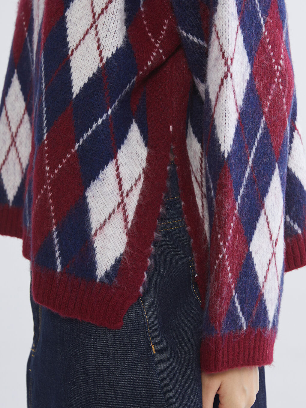 Bordo Baklava Desenli Oversize Kadın Triko Kazak-2