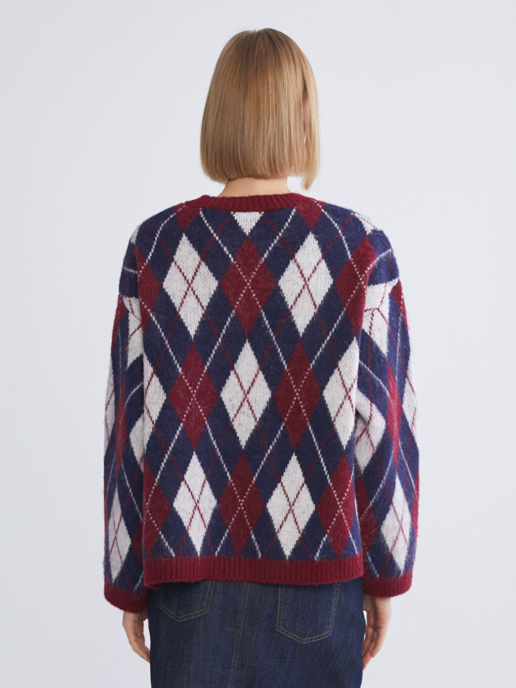 Bordo Baklava Desenli Oversize Kadın Triko Kazak-3