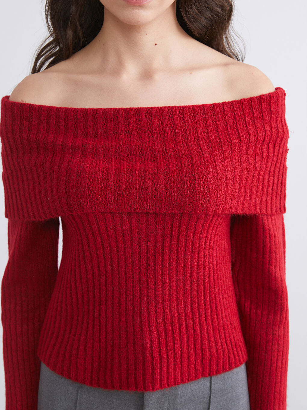 Kırmızı Kayık Yaka Kadın Triko Kazak-2