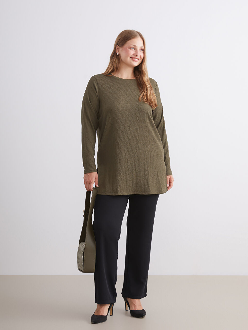 Haki Bisiklet Yaka Dokulu Kadın Tunik-1