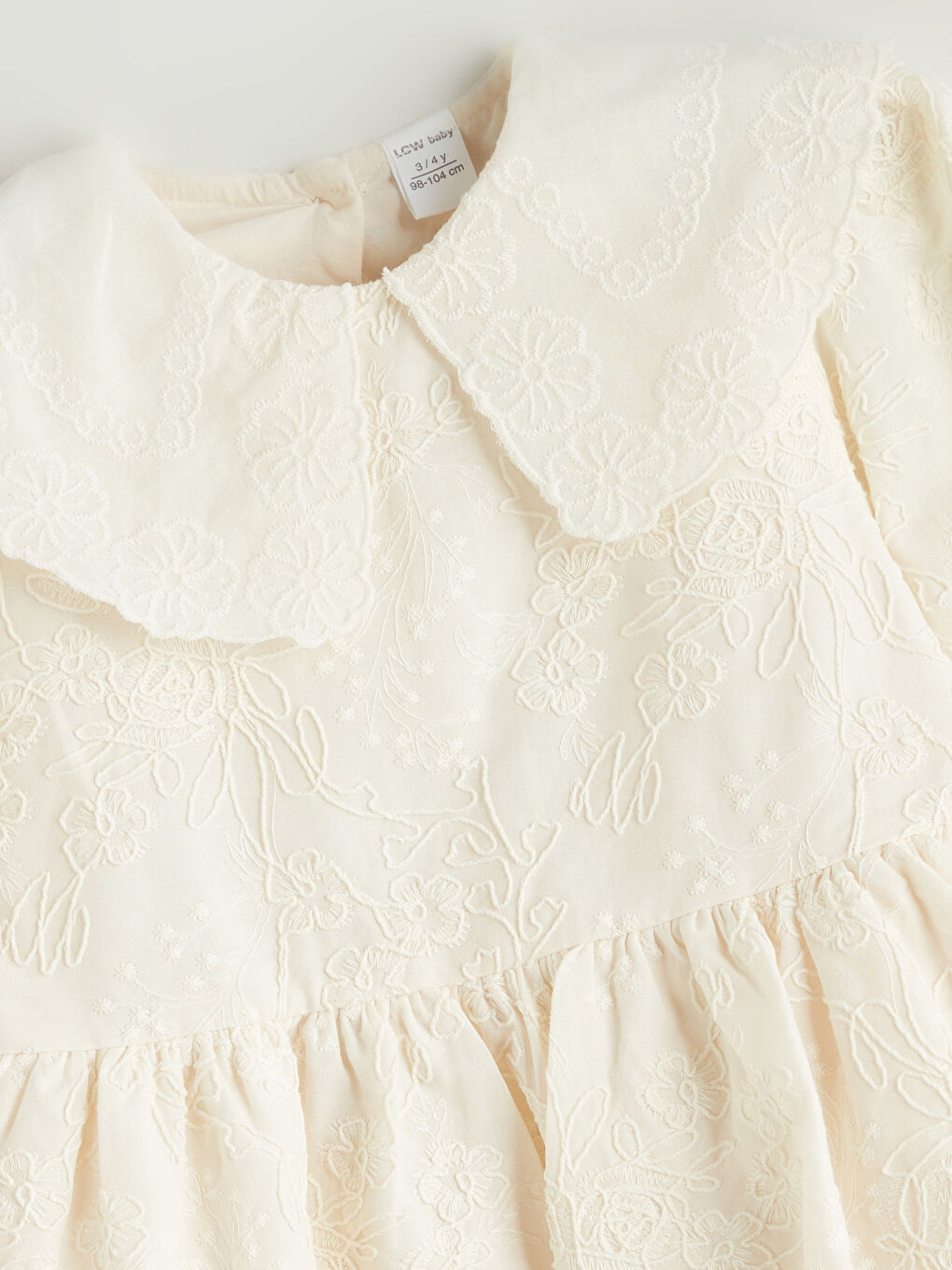 Bej Bebe Yaka Nakışlı Kız Bebek Elbise-2