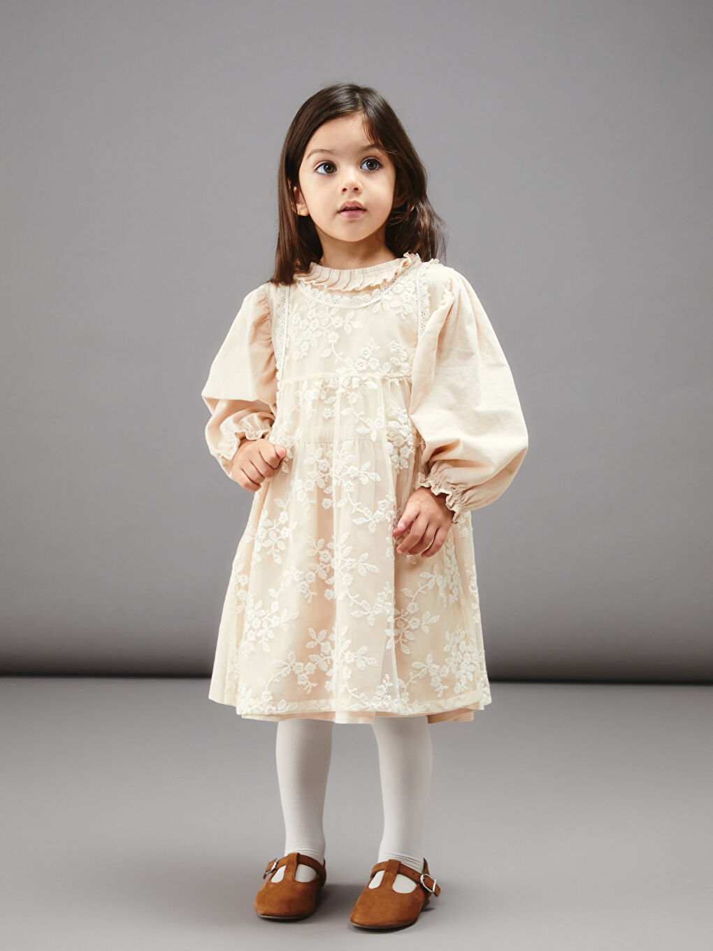 Bej Bisiklet Yaka Çiçekli Kız Bebek Elbise