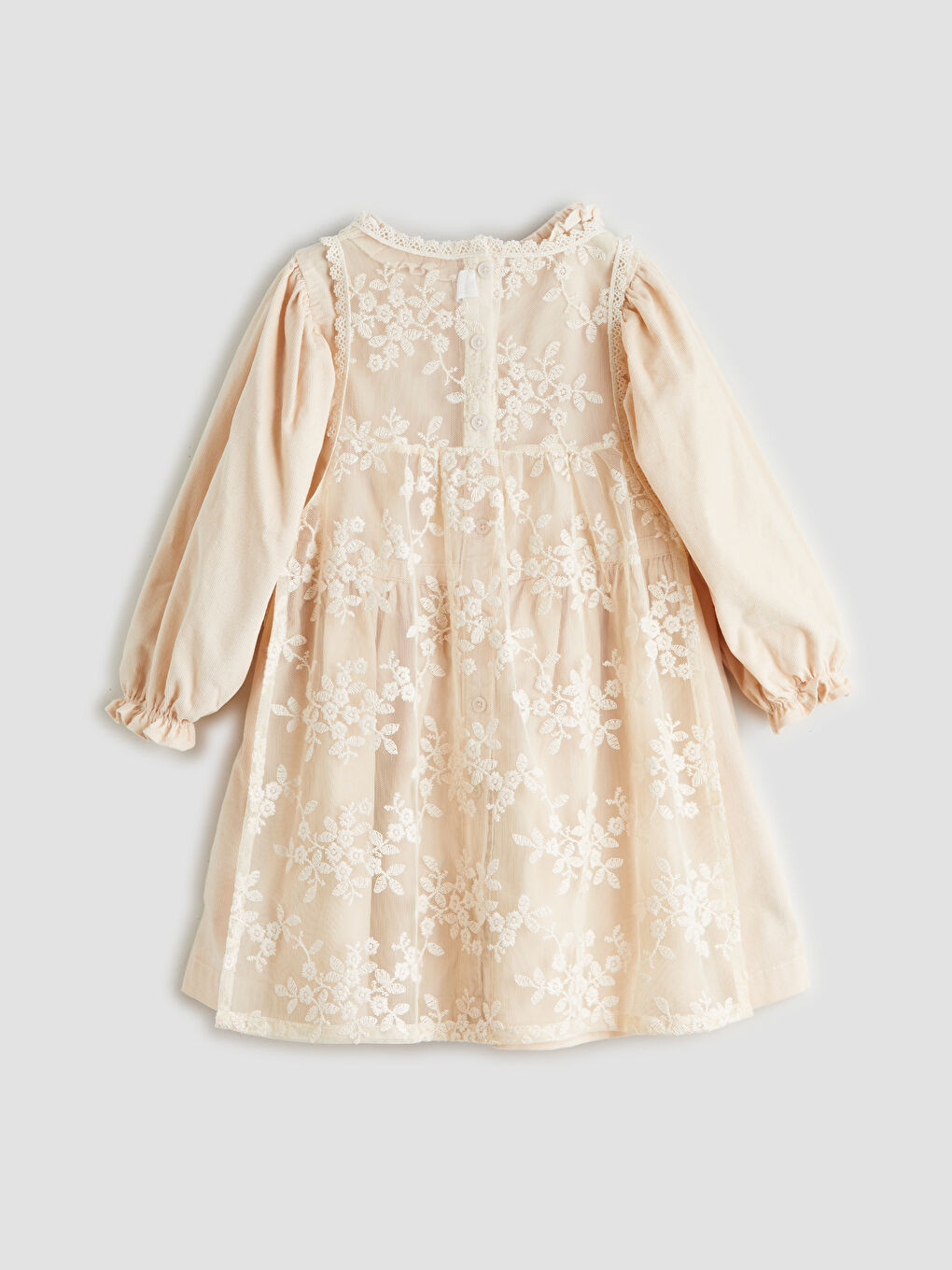 Bej Bisiklet Yaka Çiçekli Kız Bebek Elbise-4
