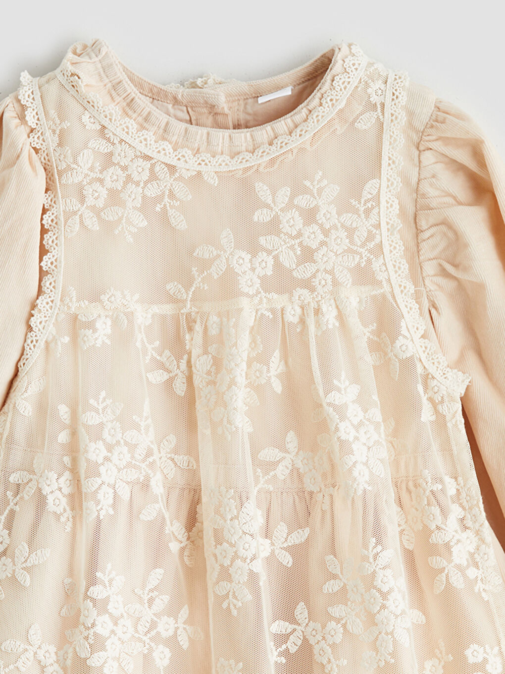 Bej Bisiklet Yaka Çiçekli Kız Bebek Elbise-5