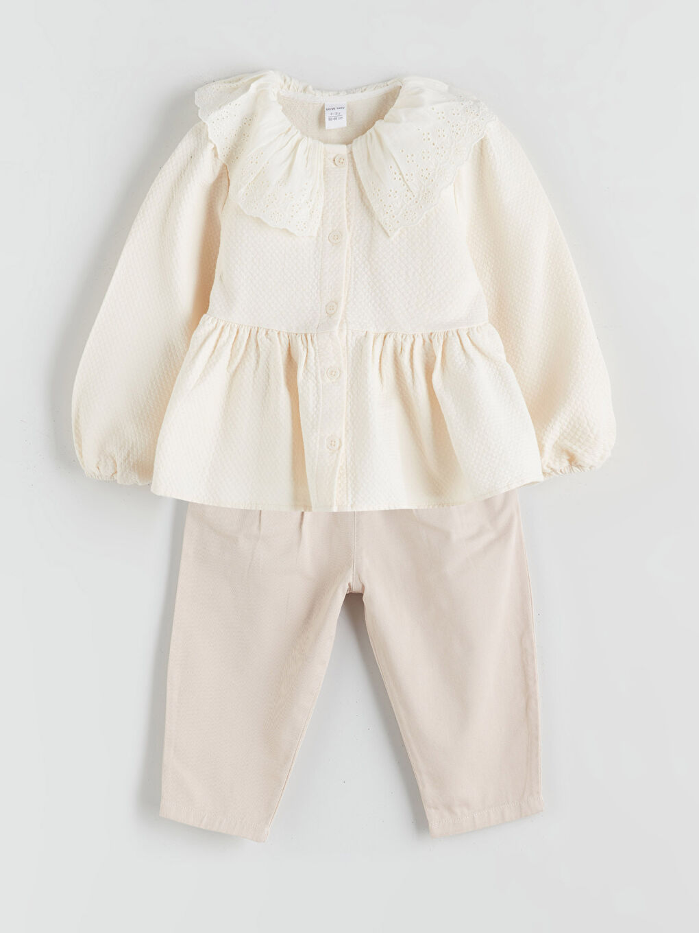 Bej Bebe Yaka Kız Bebek Bluz ve Pantolon 2'li Takım-3