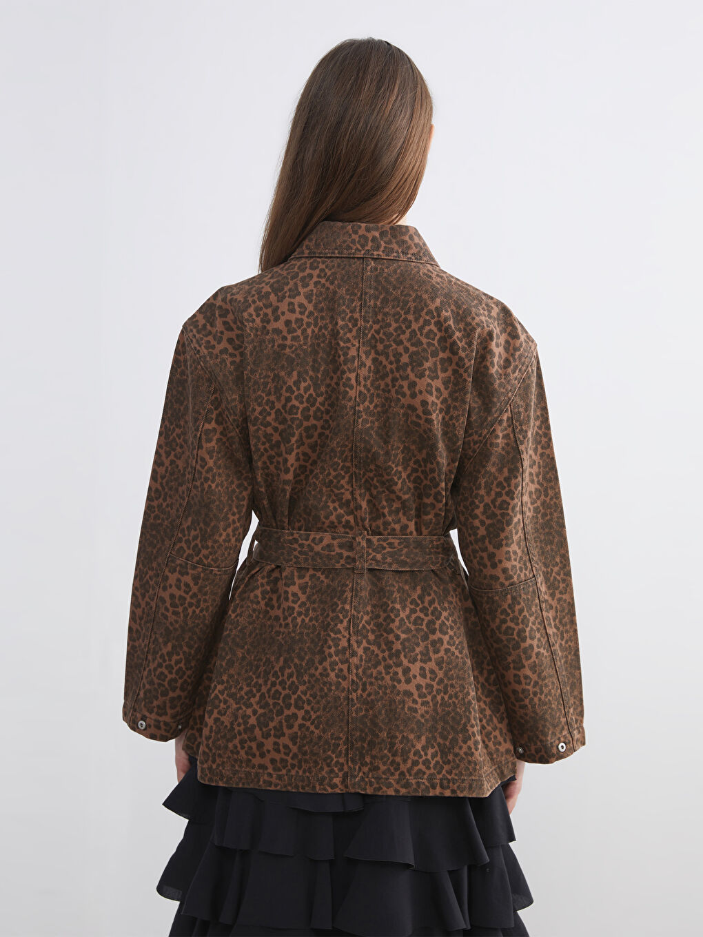 Geacă din Denim pentru Femei cu Imprimeu Leopard și Guler de Cămașă-4