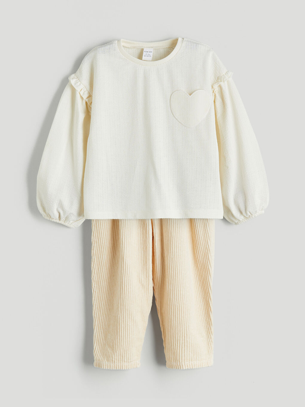 Bej Bisiklet Yaka Kız Bebek Tişört ve Pantolon 2'li-2