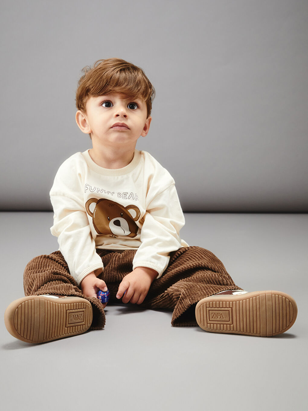 Bej Bisiklet Yaka Erkek Bebek Sweatshirt ve Pantolon 2'li-1