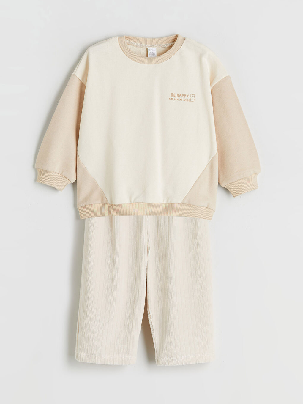 Bej Bisiklet Yaka Baskılı Erkek Bebek Sweatshirt ve Pantolon 2'li