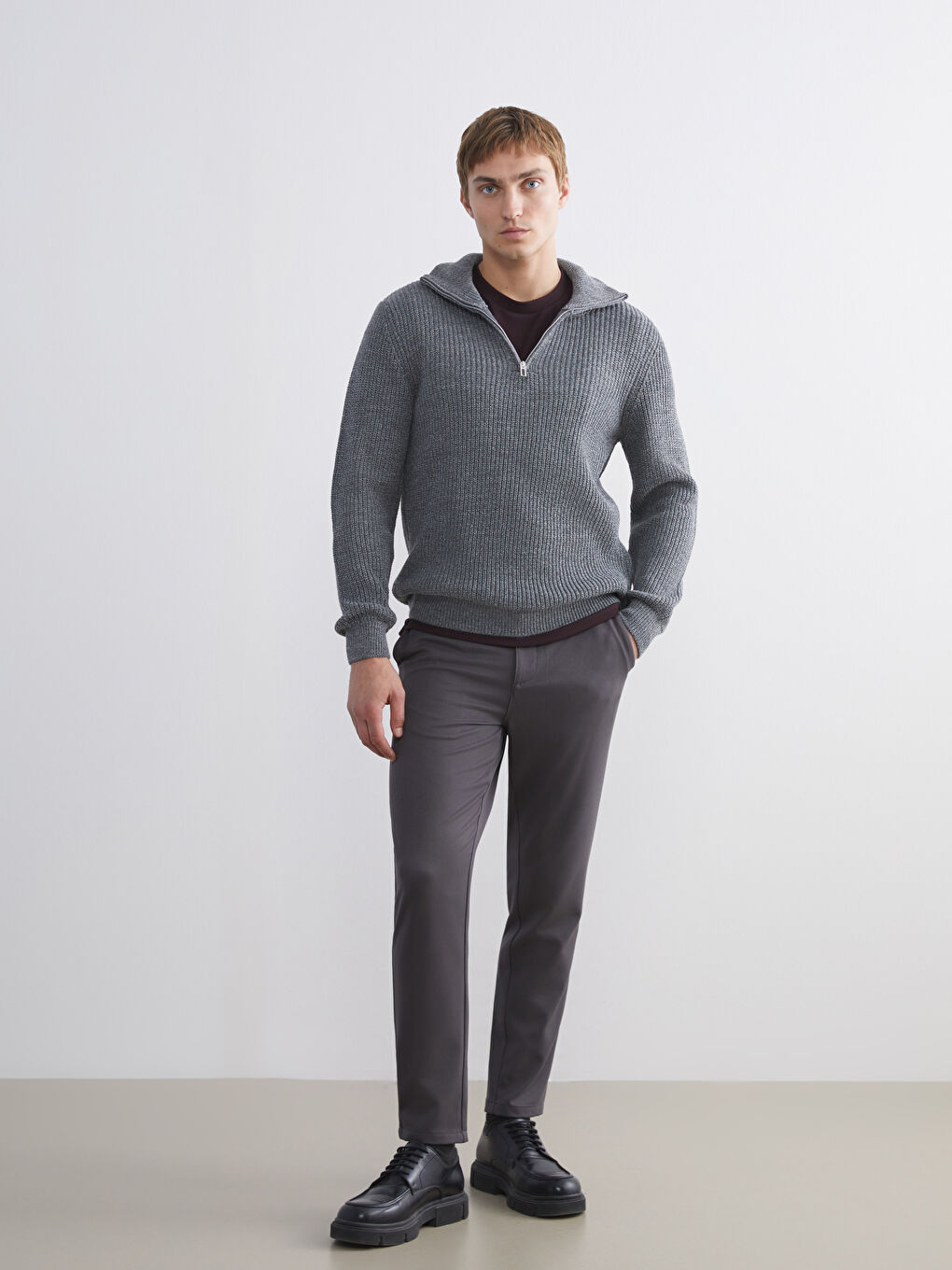 Gri Dik Yaka Erkek Triko Kazak-1