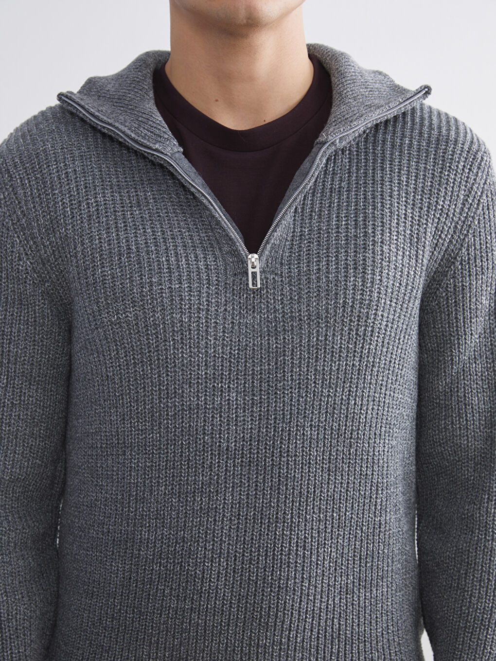 Gri Dik Yaka Erkek Triko Kazak-2