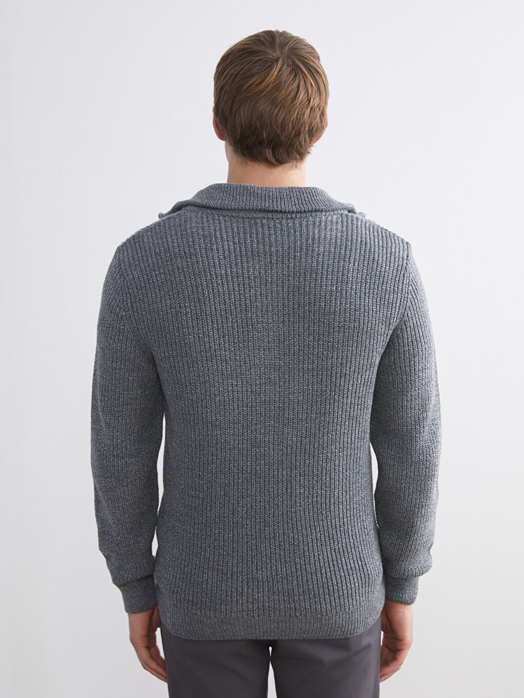 Gri Dik Yaka Erkek Triko Kazak-3