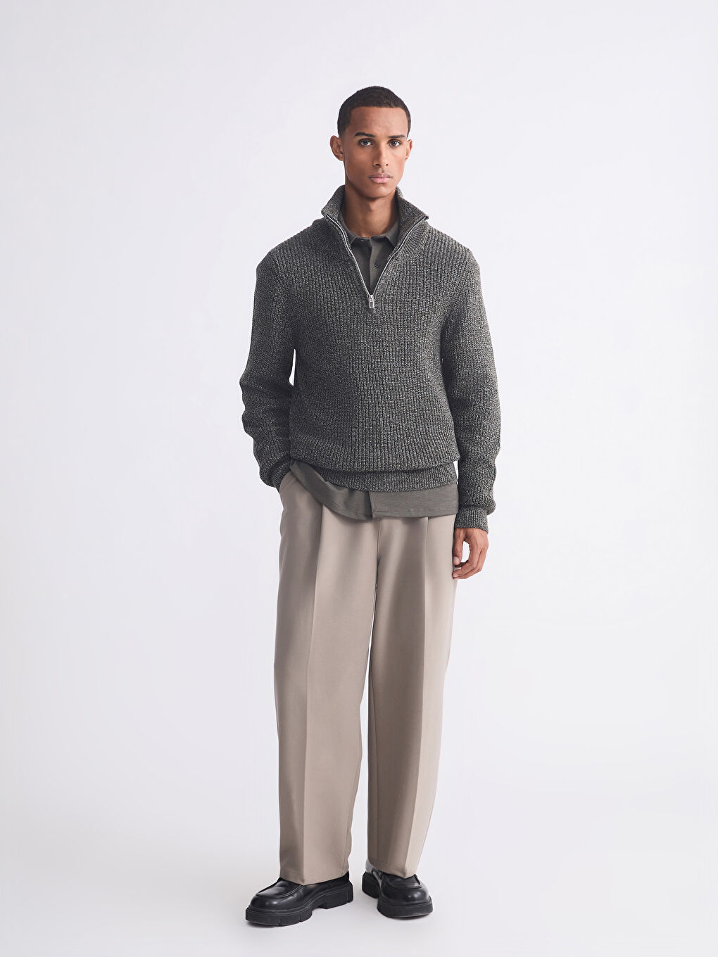 Haki Dik Yaka Erkek Triko Kazak-1