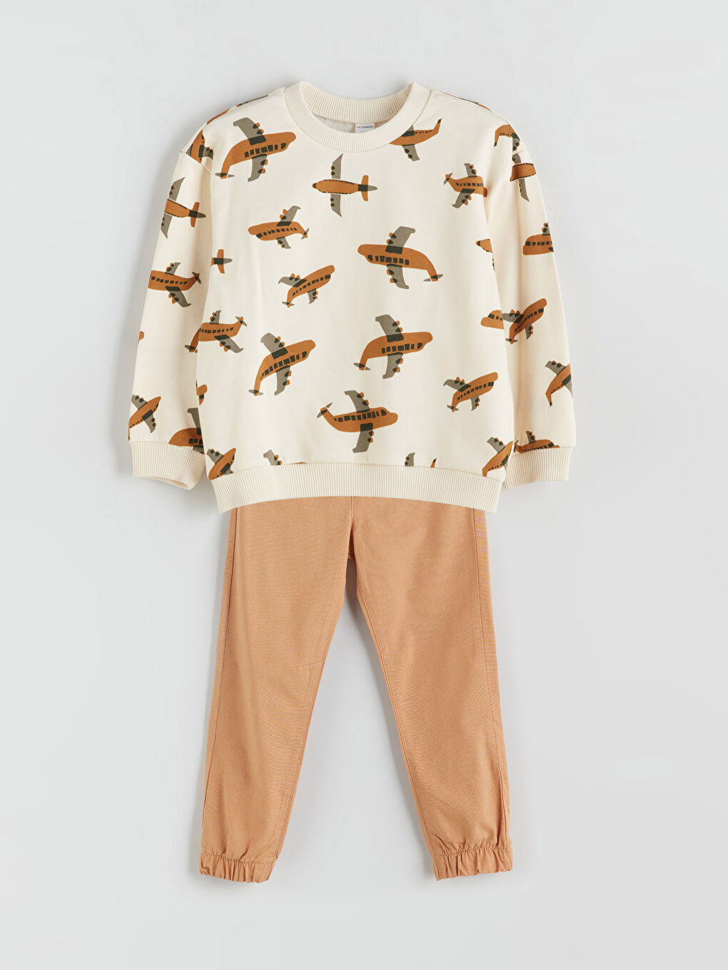 Ekru Bisiklet Yaka Baskılı Erkek Çocuk Sweatshirt ve Eşofman Alt 2'li