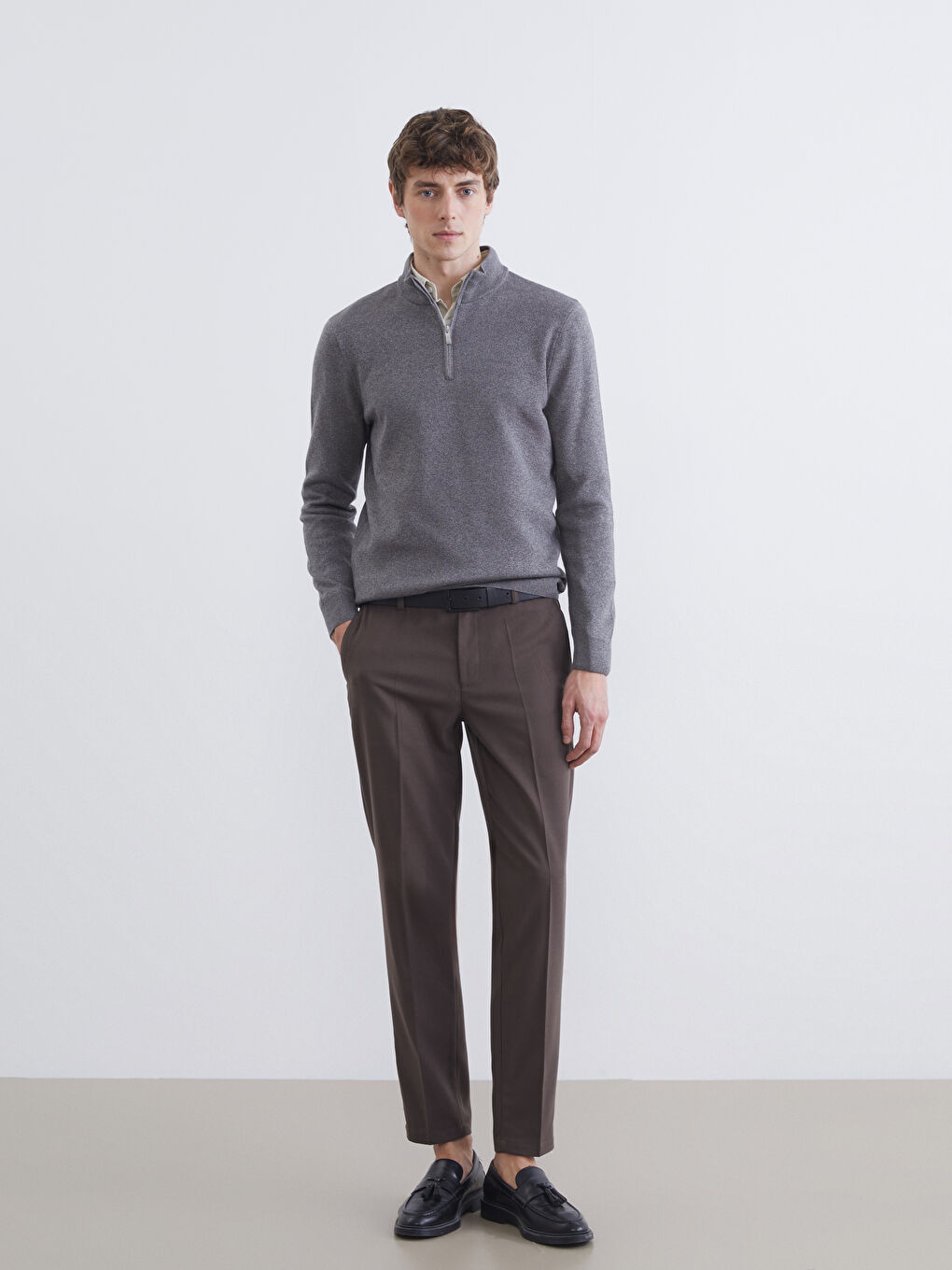 Gri Dik Yaka Erkek Triko Kazak-1