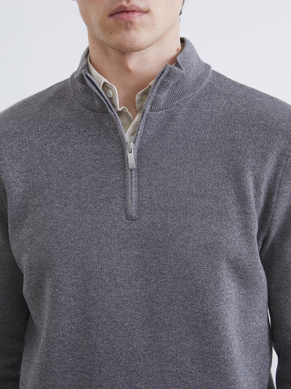 Gri Dik Yaka Erkek Triko Kazak-2